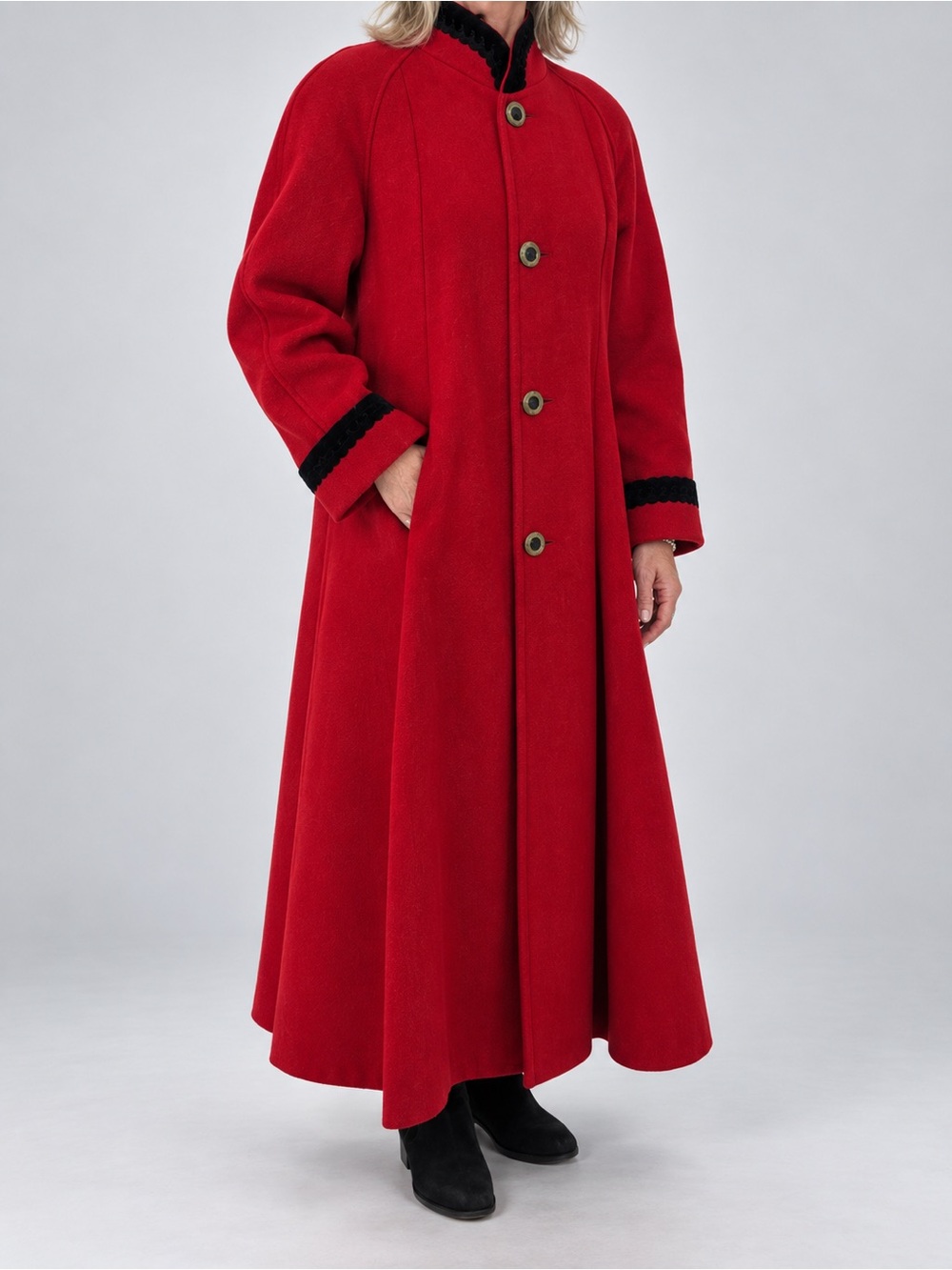 Vintage Jofeld Red Wool Blend Long Coat • Black Trim • Made in USA